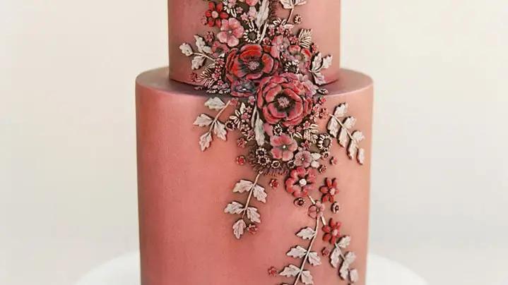 Vintage Style Floral Appliqués Adorn This Coppery Pink Wedding Cake Mobile Image