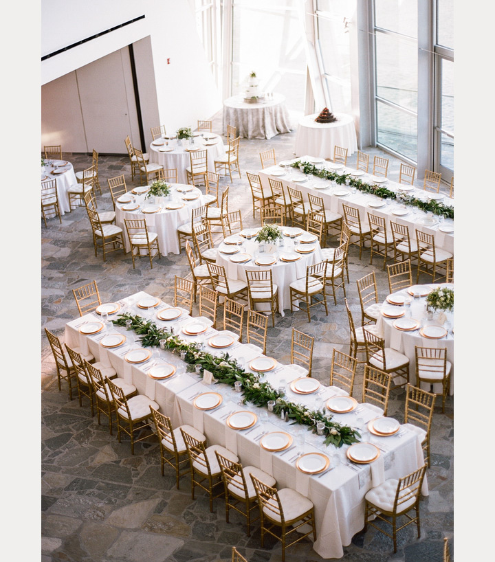 White Wedding Tablescape with Gold Chairs 