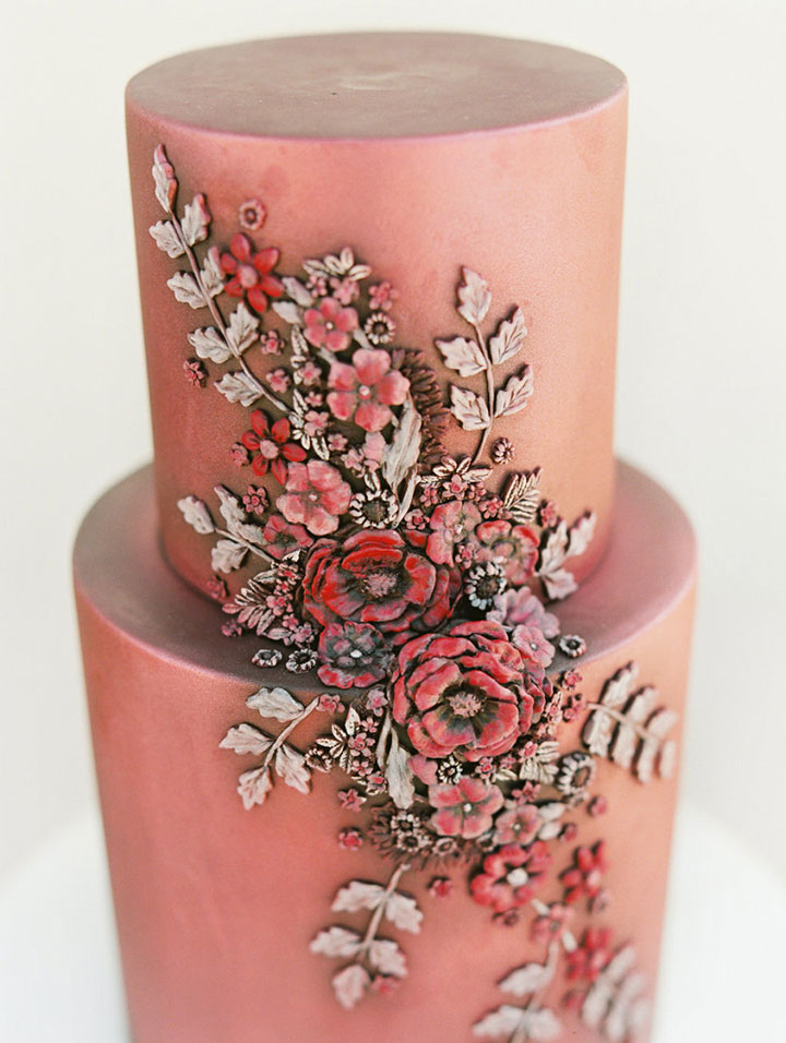 Vintage Style Floral Appliqués Adorn This Coppery Pink Wedding Cake