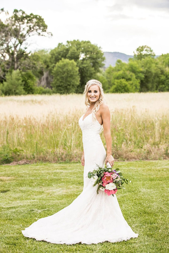 Stunning Summer Bride In Enchanting by Mon Cheri Lace Spaghetti Strap Gown