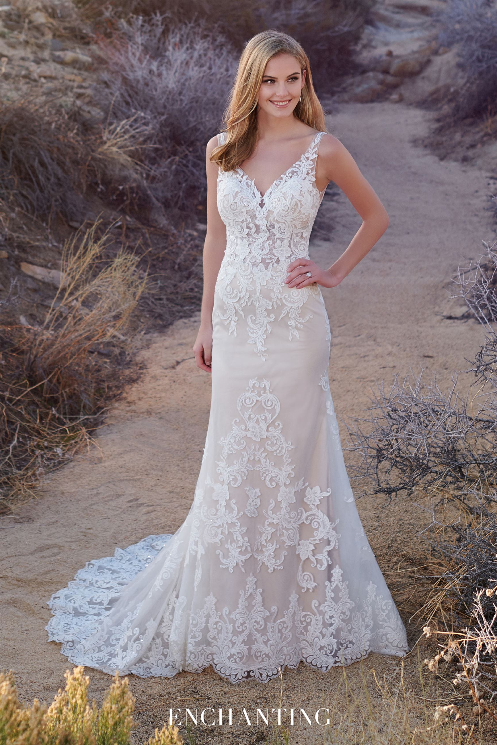 Bride wearing fit and flare wedding dress with lace embroidery